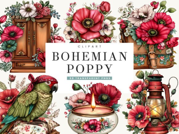 Bohemian Poppy Flower Clipart Bundle