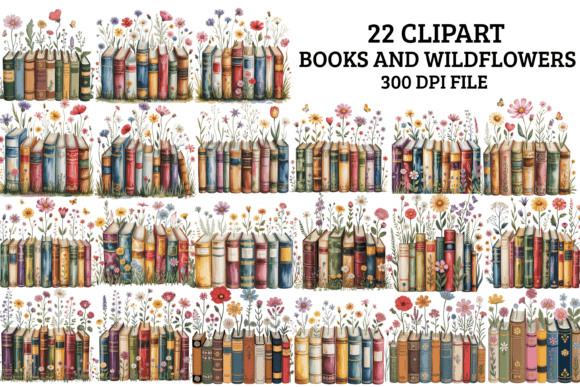 Books and Wildflowers Clipart Bundle PNG