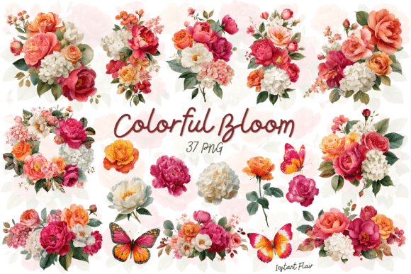 Colorful Bloom Floral Clipart Bundle: Elevating Digital Design with Watercolor Elegance