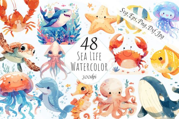 Cute Watercolor Sea Life Animals Clipart