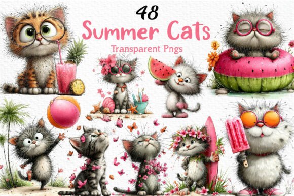 Integrating Whimsical Summer Cats Clipart PNG into Your Creative Workflow
