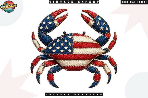Patriotic Crab USA Flag Patchwork PNG: A Vintage Coastal Design for Modern Creators