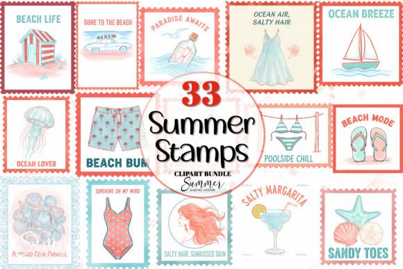 Summer Beach Postage Stamps Clipart