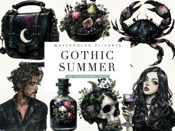 Watercolor Gothic Summer Clipart: Blending Dark Elegance with Seasonal Charm