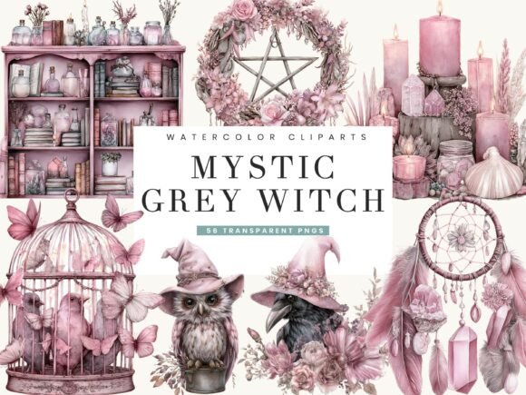 Watercolor Mystic Grey Witch Clipart