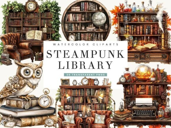 Watercolor Steampunk Library Clipart