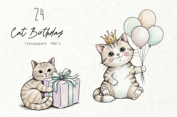 Whimsical Cat Birthday Clipart for DIY